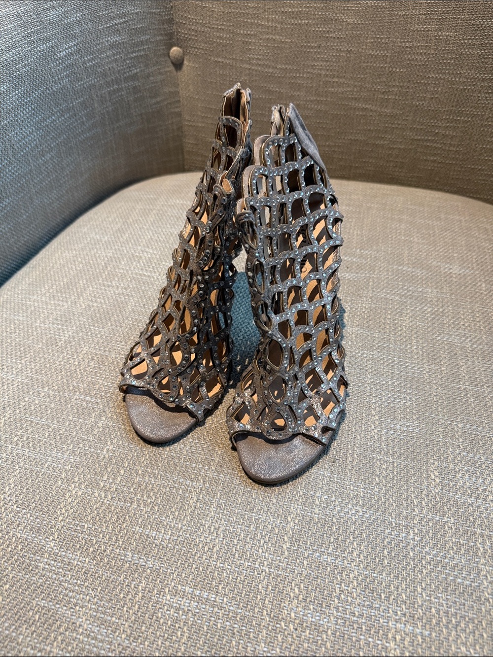 Zigi Soho Black Laser-Cut Cage Heeled Sandals with Rhinestones